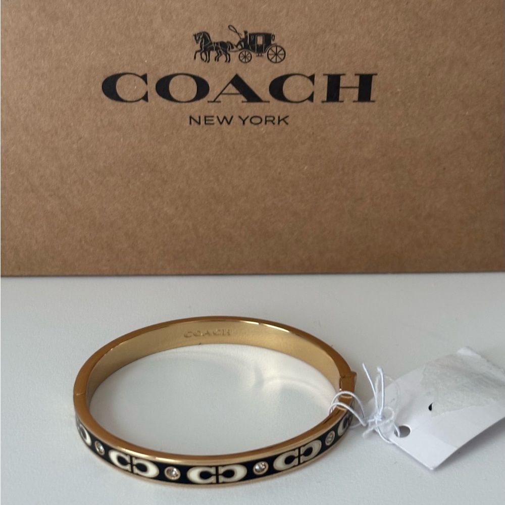Coach NWT Enamel Hinged Bangle Bracelet in Black/Gold - Double “CC” w/Box
